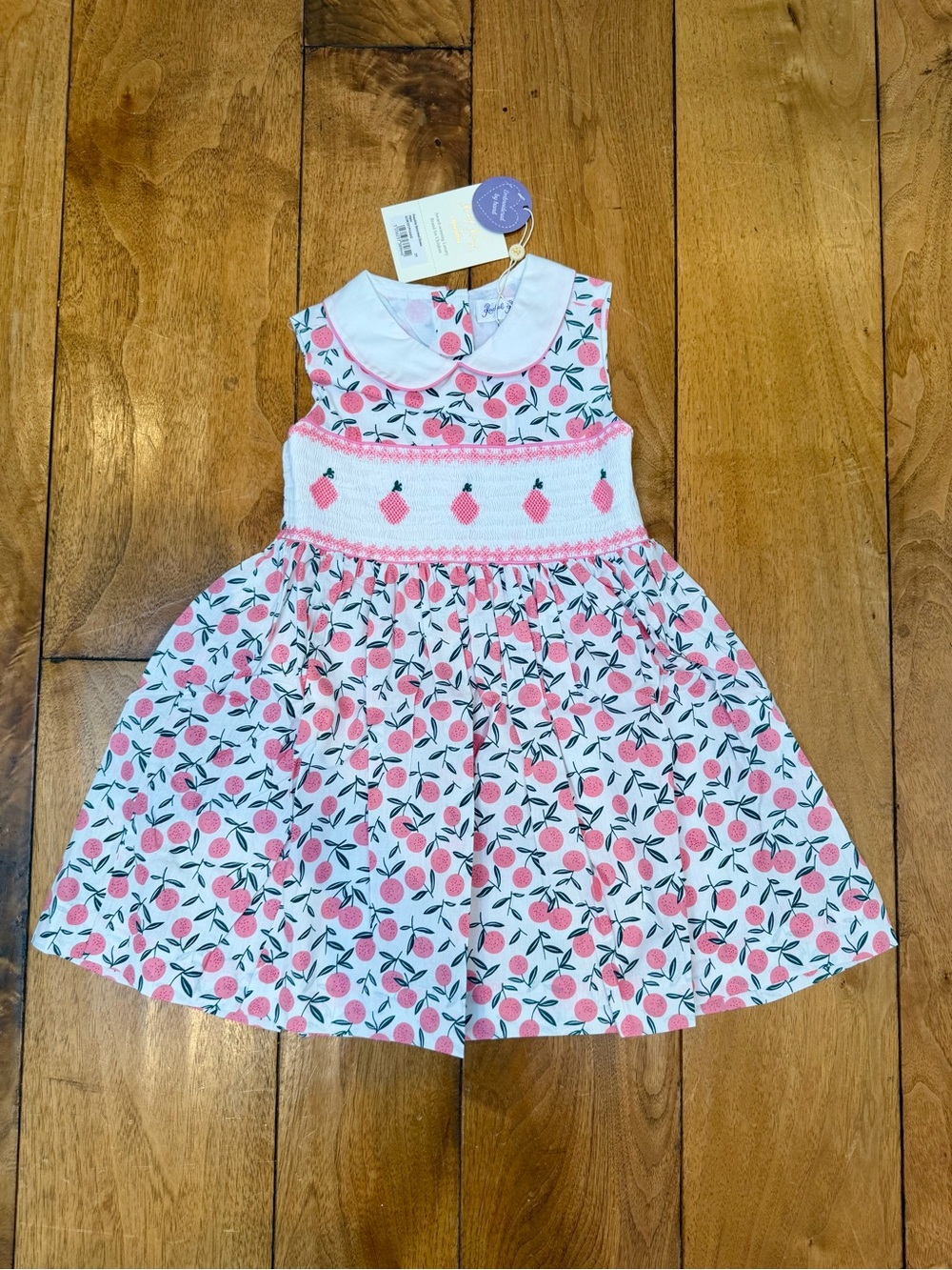 NWT Rachel Riley Peachle Smocked Peach Print Dress Pink 3Y